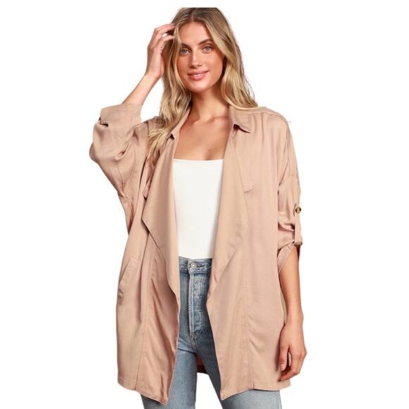 Lulu’s Lucky Break Beige Oversized Jacket Size Medium Drapey Pockets Trench - Picture 1 of 6